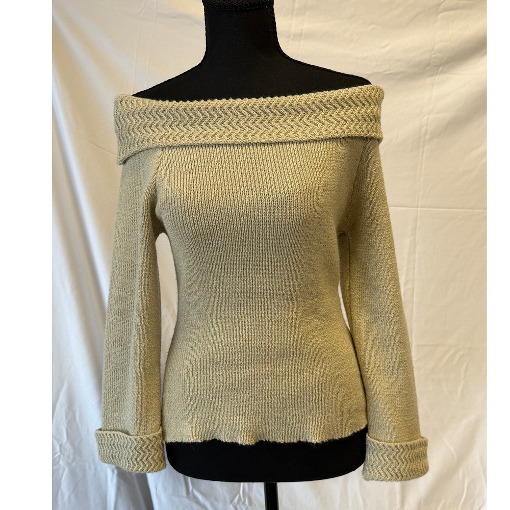 Off The Shoulder Ribbed Knit Sweater Chevron Trim Beige Long Sleeve Top S